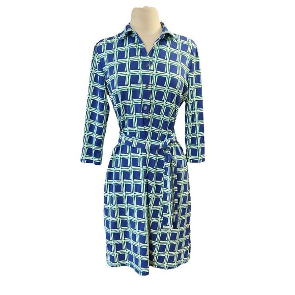 J. McLaughlin Women's Belted Dress SZ M Blue Square Print Stretch Retro 70s - Picture 3 of 11